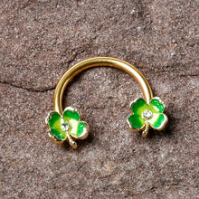 Load image into Gallery viewer, 16G 3/8 Clear Gem Gold Hue Lucky Shamrock Horseshoe Circular Barbell
