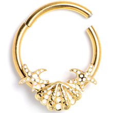 将图片加载到图库查看器，16G 3/8 Gold Tone Luxe Sea Shell Glam Starfish Hinged Segment RIng
