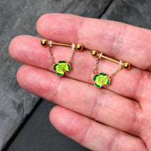 Load image into Gallery viewer, 14G 9/16 Clear Gem Gold Hue Lucky Shamrock Dangle Nipple Ring Set
