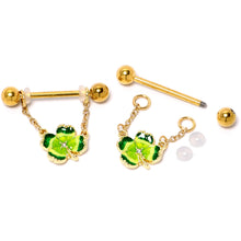 Load image into Gallery viewer, 14G 9/16 Clear Gem Gold Hue Lucky Shamrock Dangle Nipple Ring Set
