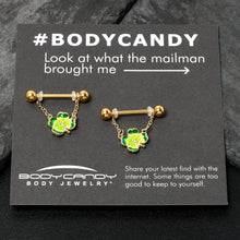 Load image into Gallery viewer, 14G 9/16 Clear Gem Gold Hue Lucky Shamrock Dangle Nipple Ring Set
