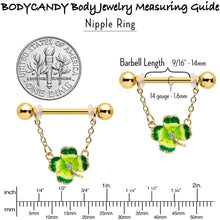 Load image into Gallery viewer, 14G 9/16 Clear Gem Gold Hue Lucky Shamrock Dangle Nipple Ring Set
