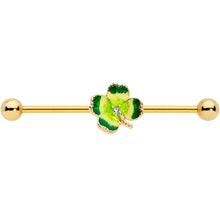 Load image into Gallery viewer, 14G Clear Gem Gold Tone Lucky Shamrock Industrial Barbell 38mm
