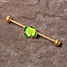 Load image into Gallery viewer, 14G Clear Gem Gold Tone Lucky Shamrock Industrial Barbell 38mm
