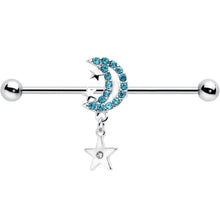 Load image into Gallery viewer, 14G Blue CZ Gem Moon Dangle Star Industrial Barbell 38mm
