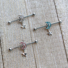 Load image into Gallery viewer, 14G Blue CZ Gem Moon Dangle Star Industrial Barbell 38mm
