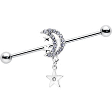 将图片加载到图库查看器，14G Clear CZ Gem Moon Dangle Star Industrial Barbell 38mm
