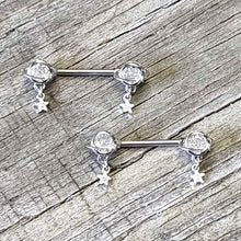 Load image into Gallery viewer, 14G 9/16 Clear CZ Gem Starry Saturn Dangle Nipple Ring Set
