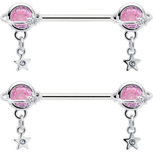 Load image into Gallery viewer, 14G 9/16 Pink CZ Gem Starry Saturn Dangle Nipple Ring Set
