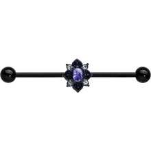 Load image into Gallery viewer, 14G Purple Gem Black Scrolling Hearts Industrial Barbell 38mm
