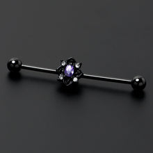 Load image into Gallery viewer, 14G Purple Gem Black Scrolling Hearts Industrial Barbell 38mm
