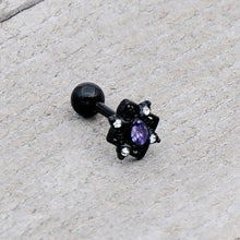 Load image into Gallery viewer, 16G 1/4 Purple Gem Black Scrolling Hearts Cartilage Tragus Earring
