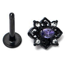 Load image into Gallery viewer, 16G 5/16 Purple Gem Black Scrolling Hearts Labret Monroe Tragus
