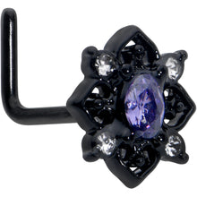 Load image into Gallery viewer, 20G 7mm Purple Gem Black Scrolling Hearts L Shape Nose Ring
