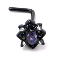 Load image into Gallery viewer, 20G 7mm Purple Gem Black Scrolling Hearts L Shape Nose Ring
