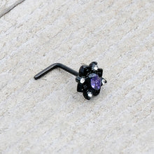 Load image into Gallery viewer, 20G 7mm Purple Gem Black Scrolling Hearts L Shape Nose Ring
