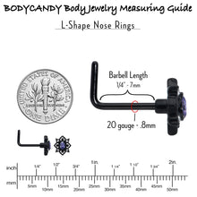 Load image into Gallery viewer, 20G 7mm Purple Gem Black Scrolling Hearts L Shape Nose Ring
