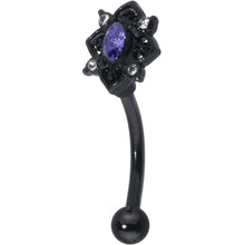 Load image into Gallery viewer, 16G 5/16 Purple Gem Black Scrolling Hearts Curved Eyebrow Ring
