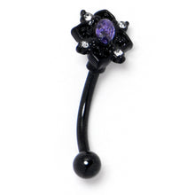 Load image into Gallery viewer, 16G 5/16 Purple Gem Black Scrolling Hearts Curved Eyebrow Ring
