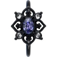 Load image into Gallery viewer, 20G 5/16 Purple Gem Black Scrolling Hearts Nose Hoop
