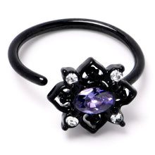 Load image into Gallery viewer, 20G 5/16 Purple Gem Black Scrolling Hearts Nose Hoop
