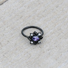 Load image into Gallery viewer, 20G 5/16 Purple Gem Black Scrolling Hearts Nose Hoop
