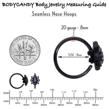 Load image into Gallery viewer, 20G 5/16 Purple Gem Black Scrolling Hearts Nose Hoop
