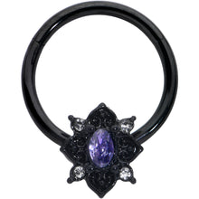 Load image into Gallery viewer, 16G 3/8 Purple Gem Black Scrolling Hearts Hinged Segment Ring
