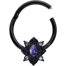 Load image into Gallery viewer, 16G 3/8 Purple Gem Black Scrolling Hearts Hinged Segment Ring
