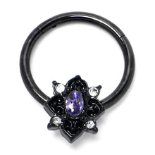 Load image into Gallery viewer, 16G 3/8 Purple Gem Black Scrolling Hearts Hinged Segment Ring
