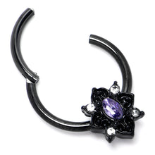 Load image into Gallery viewer, 16G 3/8 Purple Gem Black Scrolling Hearts Hinged Segment Ring
