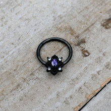 Load image into Gallery viewer, 16G 3/8 Purple Gem Black Scrolling Hearts Hinged Segment Ring
