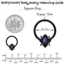 Load image into Gallery viewer, 16G 3/8 Purple Gem Black Scrolling Hearts Hinged Segment Ring
