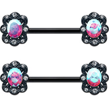 Load image into Gallery viewer, 14G 9/16 Aurora Gem Black Filigree Fantasy Barbell Nipple Ring Set
