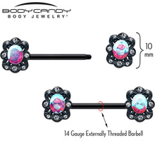 Load image into Gallery viewer, 14G 9/16 Aurora Gem Black Filigree Fantasy Barbell Nipple Ring Set

