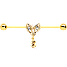 将图片加载到图库查看器，14G Clear Gem Gold Hue Seeing Money Dangle Industrial Barbell 38mm
