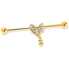 将图片加载到图库查看器，14G Clear Gem Gold Hue Seeing Money Dangle Industrial Barbell 38mm
