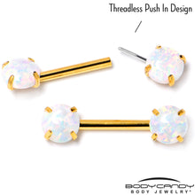 Load image into Gallery viewer, 14G 1/2 White Synthetic Opal Gold Tone Threadless Nipple Ring Set
