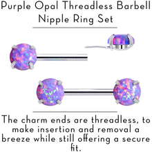 Load image into Gallery viewer, 14G 1/2 Purple Synthetic Opal Threadless Barbell Nipple Ring Set
