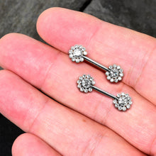 Load image into Gallery viewer, 14G 9/16 Clear CZ Gem Flower Threadless Barbell Nipple Ring Set
