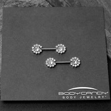 Load image into Gallery viewer, 14G 9/16 Clear CZ Gem Flower Threadless Barbell Nipple Ring Set
