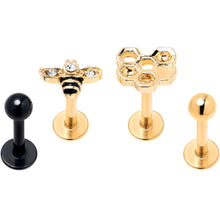 Load image into Gallery viewer, 16G 5/16 Clear Gem Gold Tone Bee Honeycomb Black Labret Set of 4
