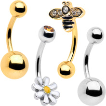 Load image into Gallery viewer, Clear Yellow Gem Gold Tone Bee Flower Belly Ring Set of 4
