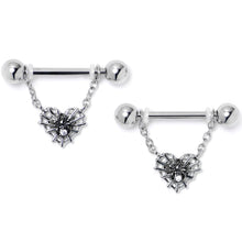 将图片加载到图库查看器，14G 9/16 Clear CZ Gem Heart of Spider Chain Dangle Nipple Ring Set

