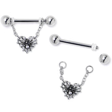 将图片加载到图库查看器，14G 9/16 Clear CZ Gem Heart of Spider Chain Dangle Nipple Ring Set
