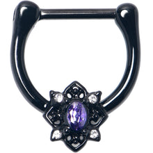 Load image into Gallery viewer, 16G 5/16 Purple Gem Black Scrolling Hearts Cartilage Clicker
