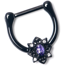 Load image into Gallery viewer, 16G 5/16 Purple Gem Black Scrolling Hearts Cartilage Clicker
