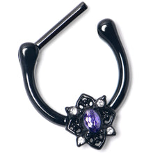 Load image into Gallery viewer, 16G 5/16 Purple Gem Black Scrolling Hearts Cartilage Clicker
