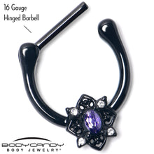 Load image into Gallery viewer, 16G 5/16 Purple Gem Black Scrolling Hearts Cartilage Clicker
