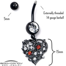 将图片加载到图库查看器，Clear Red CZ Gem Black Heart Floral Dangle Belly Ring

